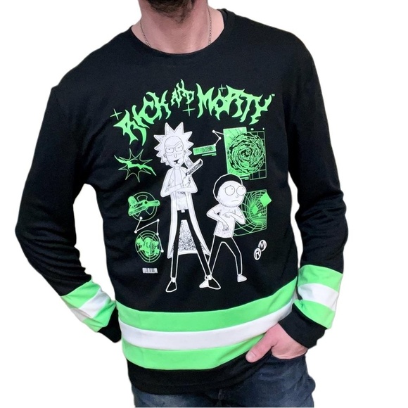Black Rick And Morty Graphic Neon Green Accents Pullover Hockey Jersey - Picture 2 of 4